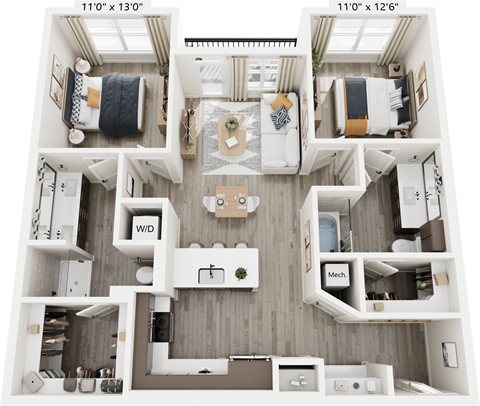 a 3d floor plan of a bedroom with a bathroom and a living room